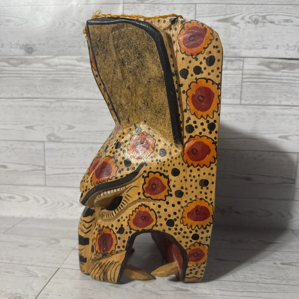 Hand Carved Wooden Jaguar Mask Tribal Painted Folk Art Wall Decor Safari Jungle